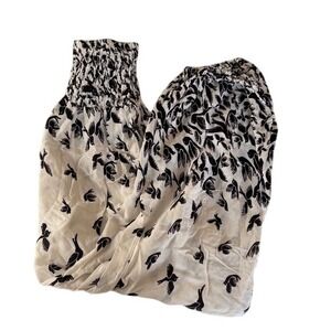 Kathmandu Imports Womens Rayon Black White Bird‎ Print Smocked Waist Pants, XS/S